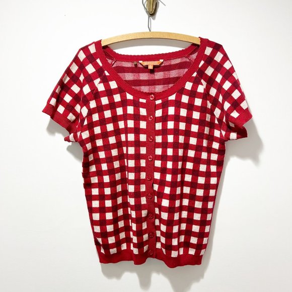 Modcloth Sweaters - Modcloth Red Plaid Short Sleeve Cardigan Sweater Size XL
